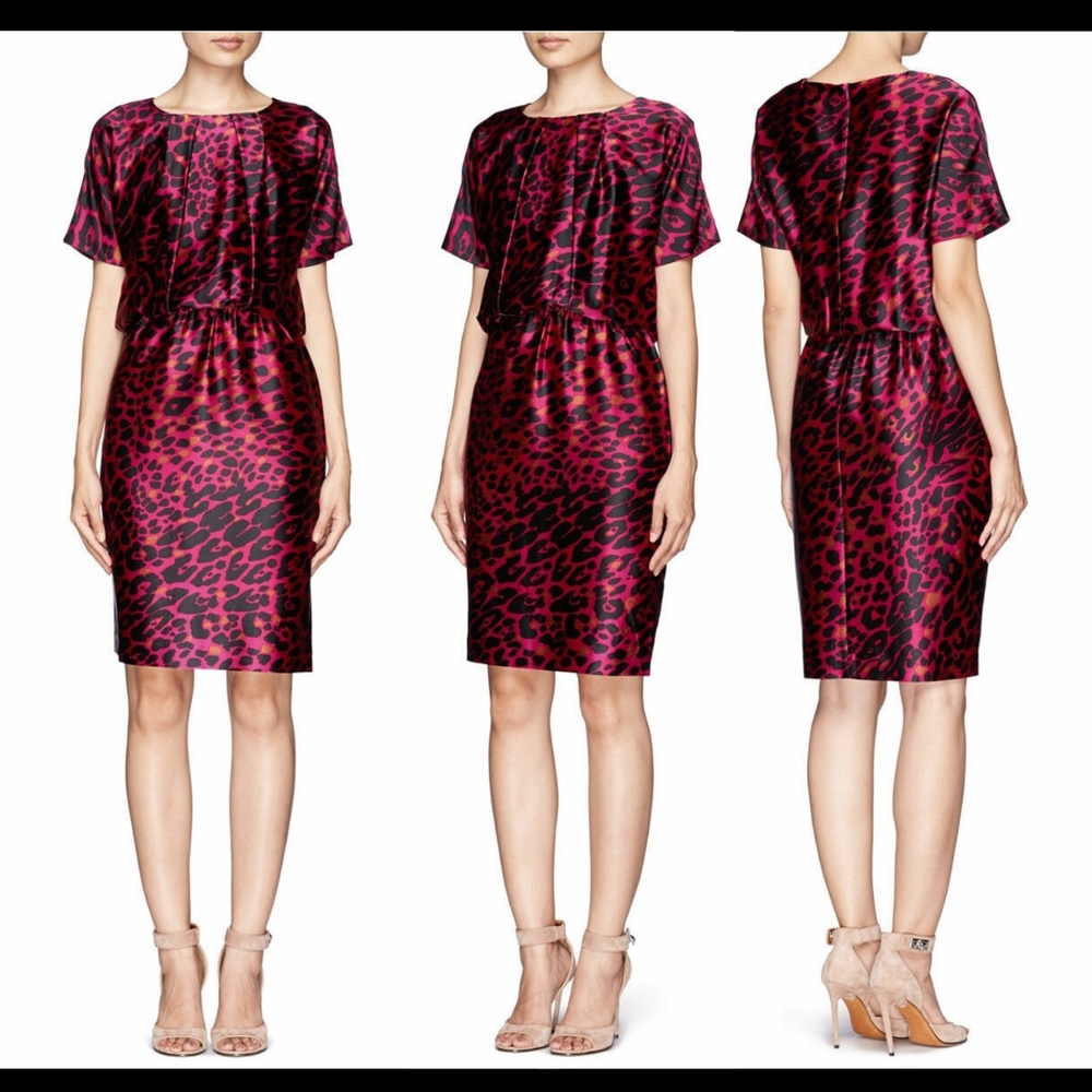 NWT $995 St. John Silk Leopard‎ Print Dress Raspberry/Cheetah [SZ 6 ]
